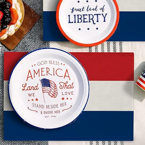 Miniatura 7 de Seliem Juego de 4 manteles individuales patrióticos de Estados Unidos para el 4 de julio, color rojo, blanco y azul, a rayas rojas, blancas y