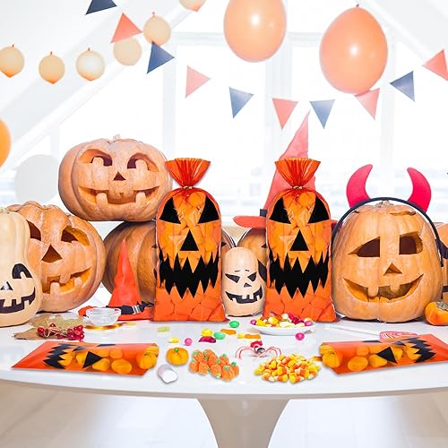Miniatura 7 de Whaline 120 bolsas de celofán de calabaza de Halloween con 120 lazos dorados, bolsas de dulces para dulce o truco, bolsas de regalo de palomitas de