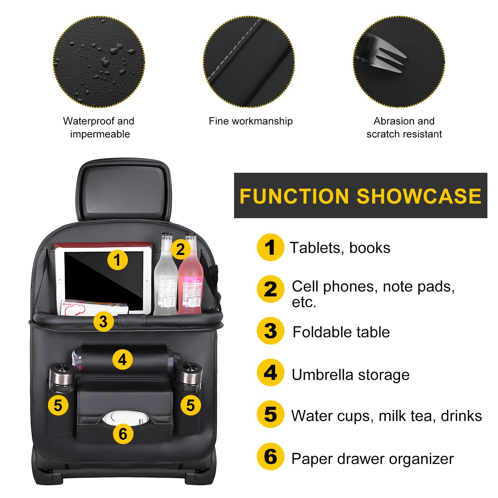 povtii Lot de 2 poches arrière de siège de voiture en cuir imperméable pour enfants, organiseur de voiture amélioré avec poches porte-tablette, accessoires d'intérieur de voiture universels (noir)