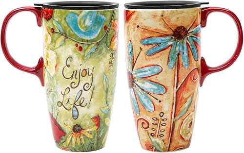 CEDAR HOME Taza de cerámica para café de viaje, taza de té con leche de porcelana con tapa en caja, 17 onzas, flor disfruta de la vida, paquete de 2