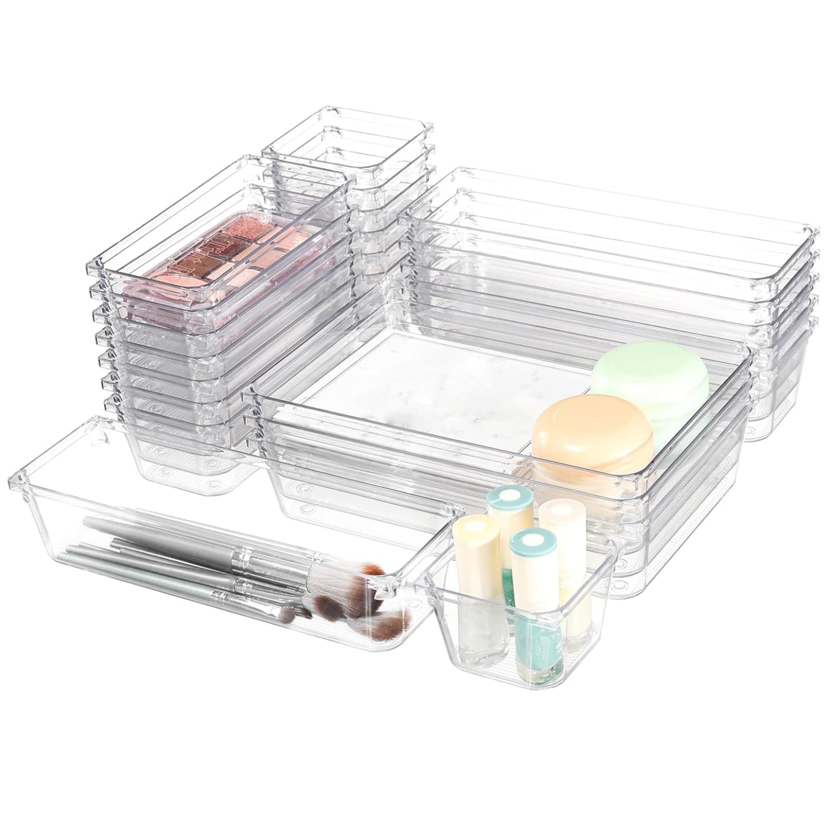 25 Pack Clear Plastic Drawer Organisers Set, 4 Size Versatile Bedroom and Vanity Drawer Organizer Trays, Kitchen Plastic Storage Divider Bins for Makeup Bedroom Kitchen Gadgets Office