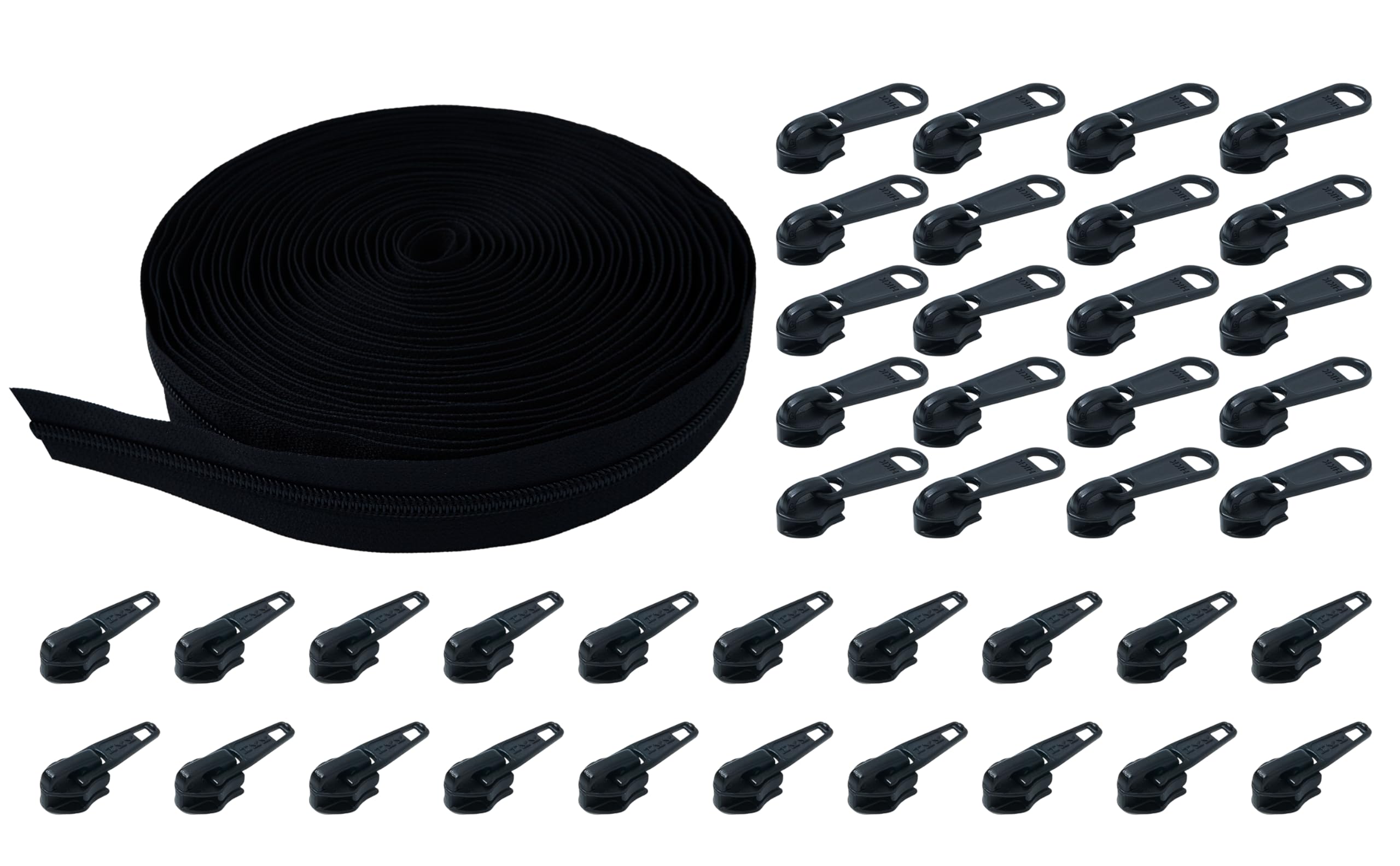 HKK Zipper by The Yard with pulls #5, 10 Yards with 40 Sliders – 20 Non-Locking + 20 Auto-Locking for Repairs & Replacements Sewing, Bag, Dress, Sofa Cushion, Pillow, DIY (Black Color)