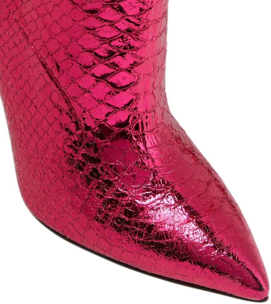 Arqa Metallic Boots For Women Stiletto Heel Slouchy Mid Calf Boot with Snake-pattern Pointed Toe Booties