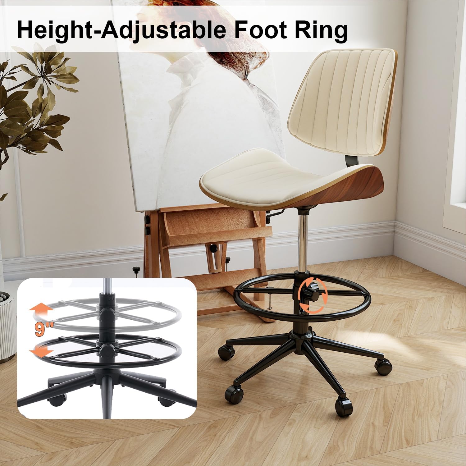 Drafting Chair, Ergonomic Office Chair with Walnut Wood Back Support, Armless PU Leather Desk Chair with Height-Adjustable, Thick Cushion for Home, Bar, Drafting, Office (Beige)