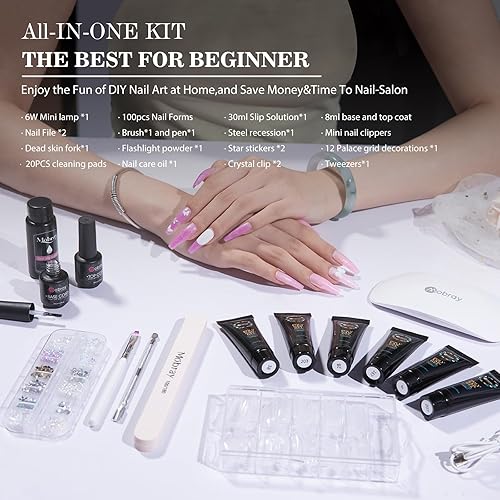 Miniatura 3 de Mobray Kit de gel de extensión de uñas de polietileno, iniciador, 6 colores populares, transparente, nude, rosa, brillantina, negro, plateado