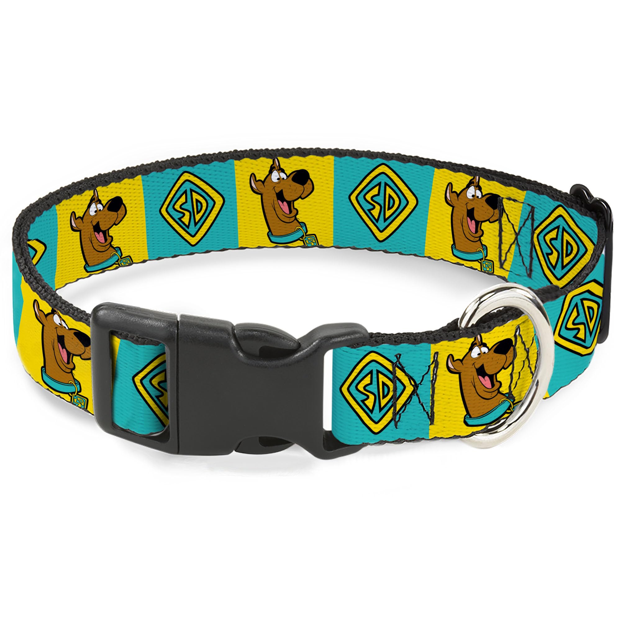 Scooby Doo Pet Collar, Dog Collar Plastic Buckle, Scooby Doo Pose and Dog Tag Blocks Yellow Blue, 9.5 to 13 Inches 1.0 Inch Wide