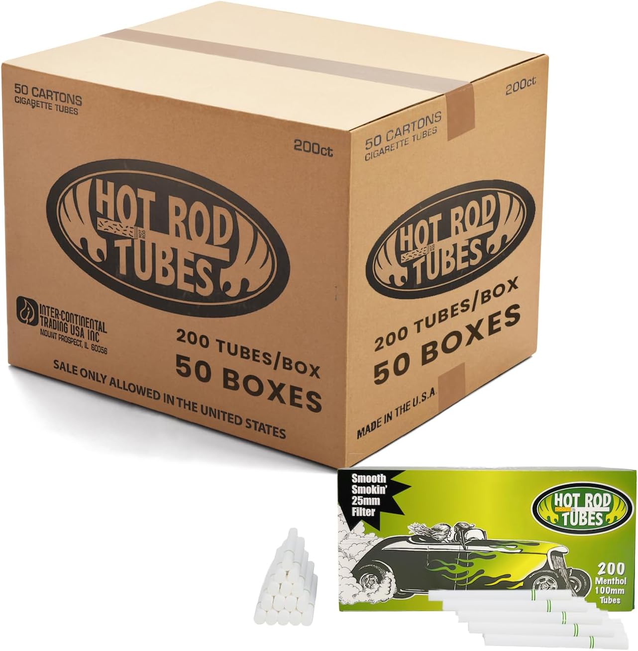 HotRod Cigarette Tubes Menthol 100mm – 10000 Count 200 Tubes x 50 Boxes – Tubes with 25mm Double Filter – Smooth Draw, No Aftertaste – USA Made – Fits Most Injector Machines