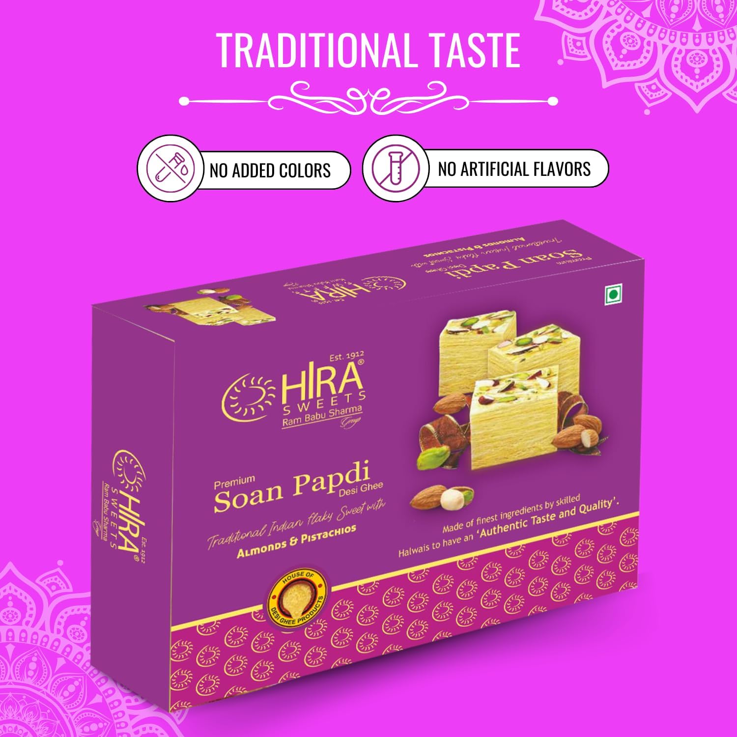 HIRA SWEETS Soan Papdi 500g | Delicious, Crispy & Flaky | Made with Almonds & Pistachio | Ready-to-Eat Indian Traditional Mithai | Ideal Gift Box for Sweets Lovers 2