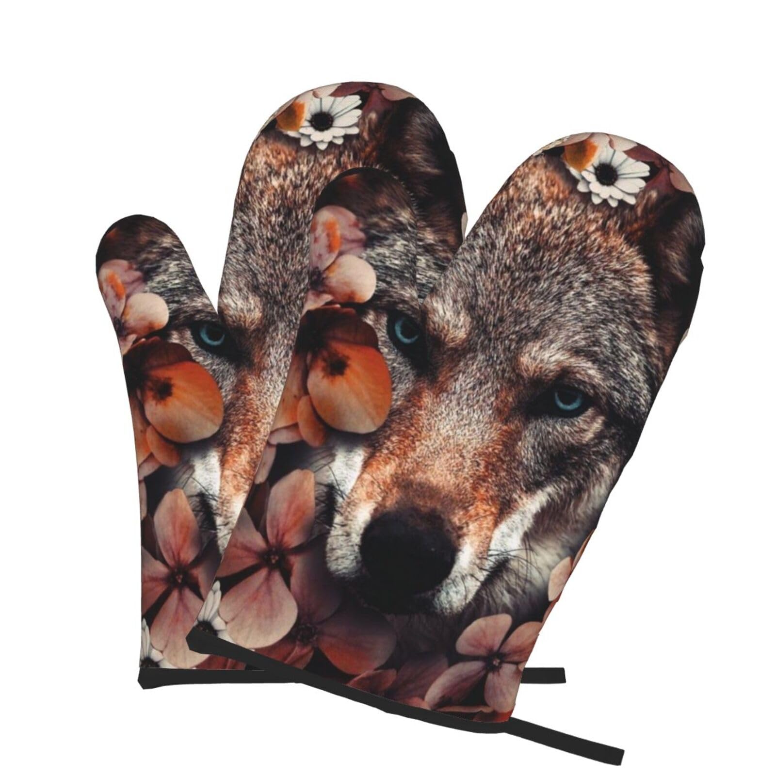 Oven Mitts Set of 2 Pcs, Wolf and leaves Prints Heat Resistant Kitchen Gloves for Cooking Baking Grilling