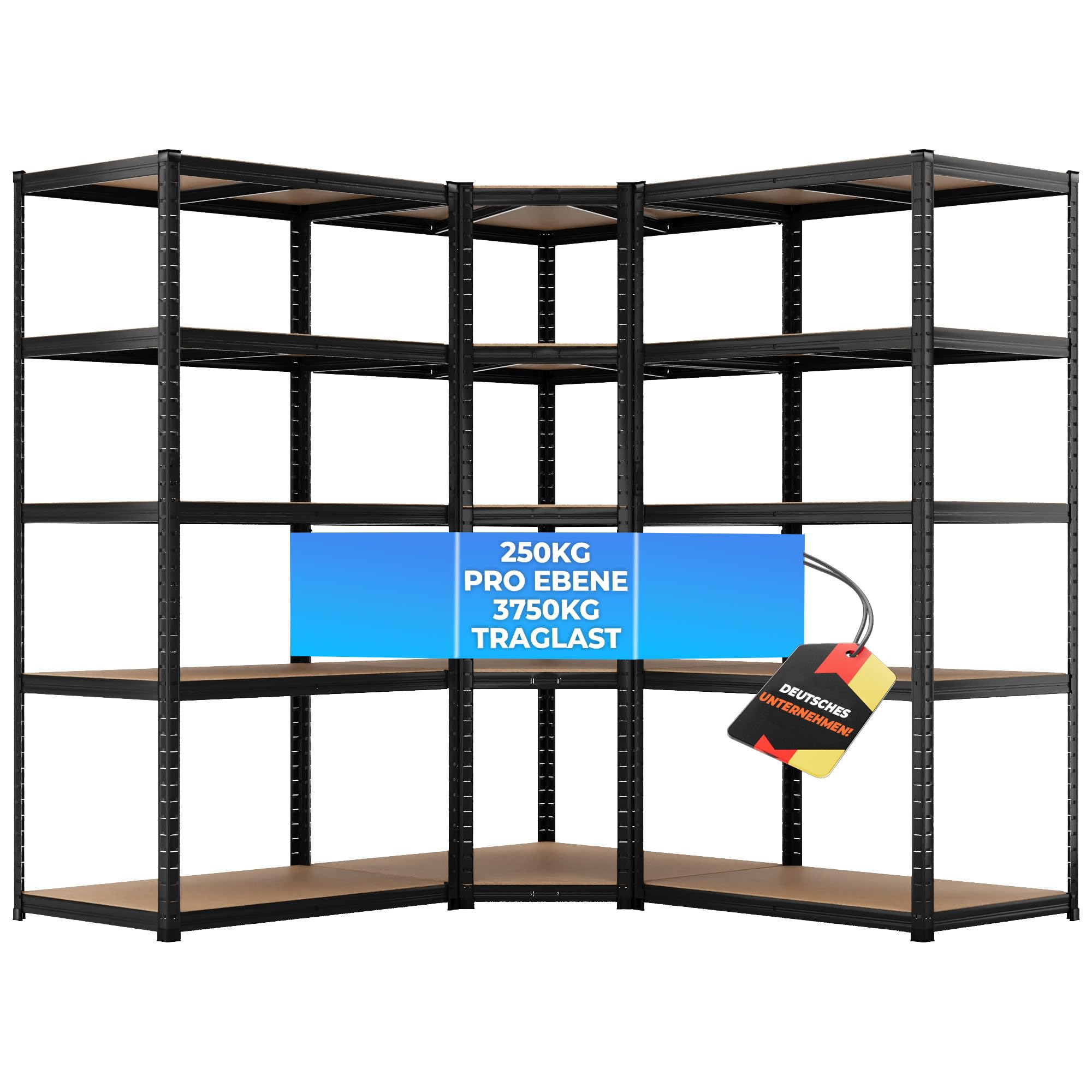ALL Premium Schwerlastregal Eckregal 180x90x60 cm + 2X 180x90x60 cm Schwarz - 3750kg Traglast – stabiles Eckregal stehend, vielseitiges Regalsystem, Corner Shelf, ideal für Keller u. Lager