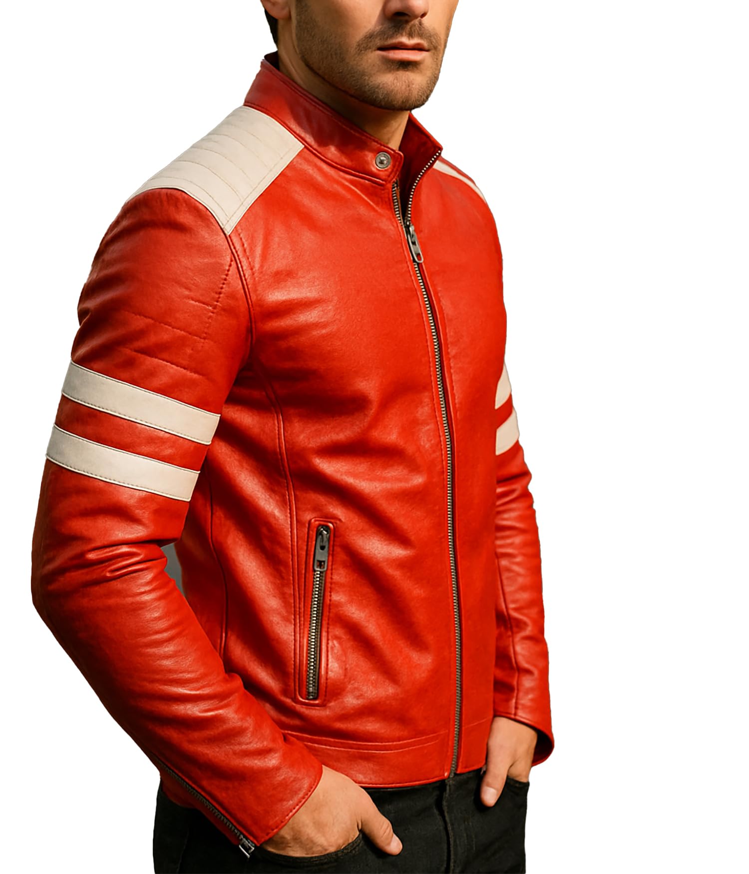 III-Fashions Men's Fight Hybrid Mayhem Brad Retro Biker White Stripes Synthetic Leather Motorcycle Coat, Red - Mayhem Jacket, Medium