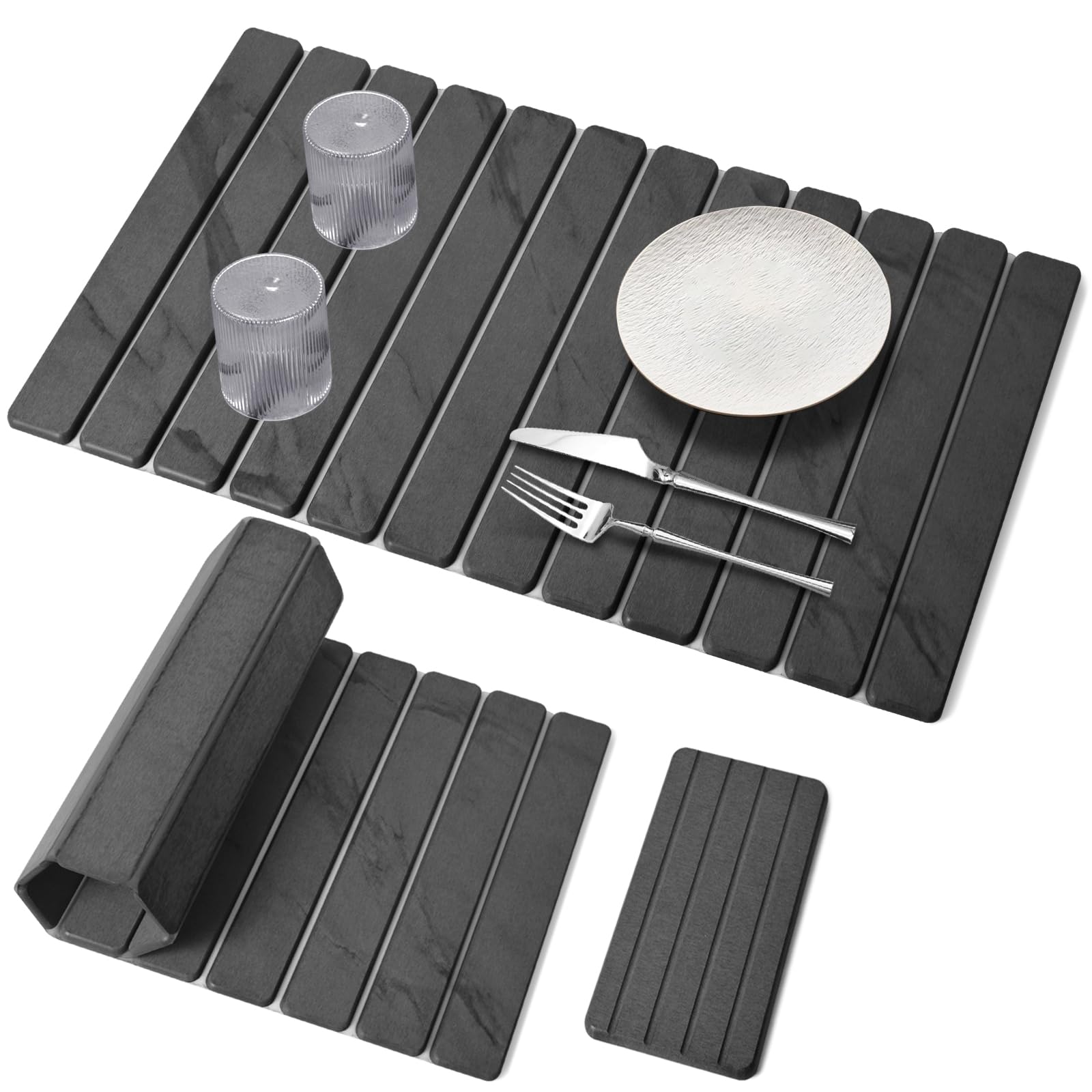 Photo 1 of 2 PCS Extra Large Stone Dish Drying Mat for Kitchen Counter, 28"×16" Marble Dish Drying Mat with 8"x 4" Coasters, Non - Slip Collapsible Absorbent Mat for Multi - Purpose, Match Any Countertop?Gray?