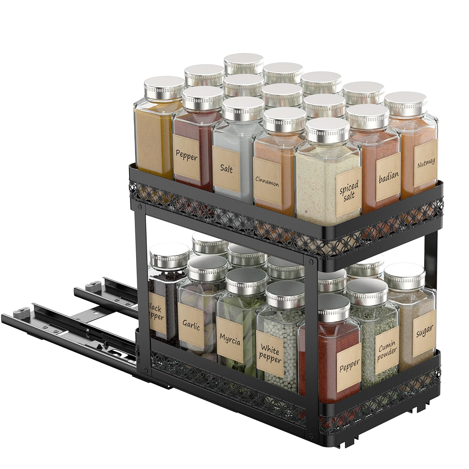 VOGWOLTH Pull Out Spice Rack Organizer for Cabinet, Stable Slide Out Spice Rack Organizer, Pattern Spice Cabinet Organizer, 6-1/2 inch Wide, Rustproof Metal