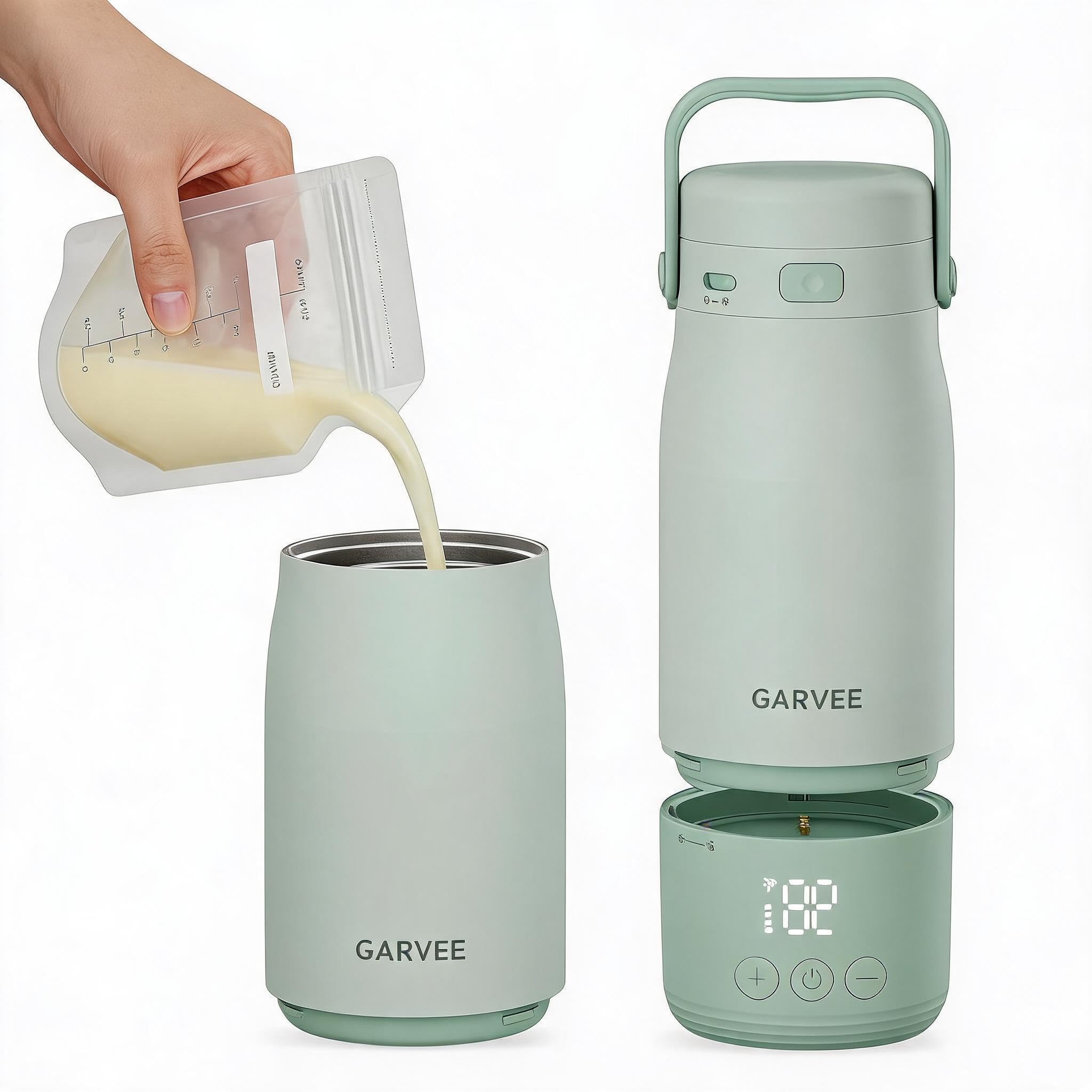 Garvee Kabelloser Flaschenw?rmer für Babyflaschen, 500ml, 316 Edelstahl | pr?zise Temperaturregelung, lange Akkulaufzeit, abnehmbarer Sockel, USB, aufladbar, ideal für unterwegs, European Standard