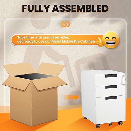 Vista 15 de Archivador de 3 cajones, archivador móvil totalmente ensamblado con cerradura para oficina en casa, caninete de metal con ruedas, cabina de tres