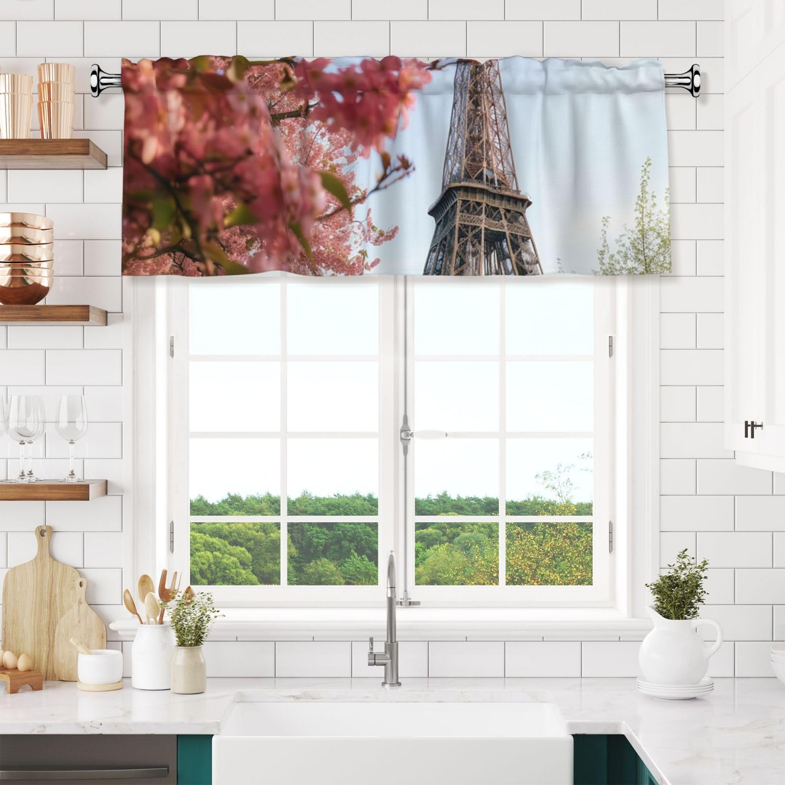 NONHAI Paris Eiffel Tower Flower Valances for Windows Short Curtains Rod Pocket Cafe Window Treatments Valance Curtains for Kitchen Bathroom Laundry Basement Windows 54x18inch Blackout Window Valance