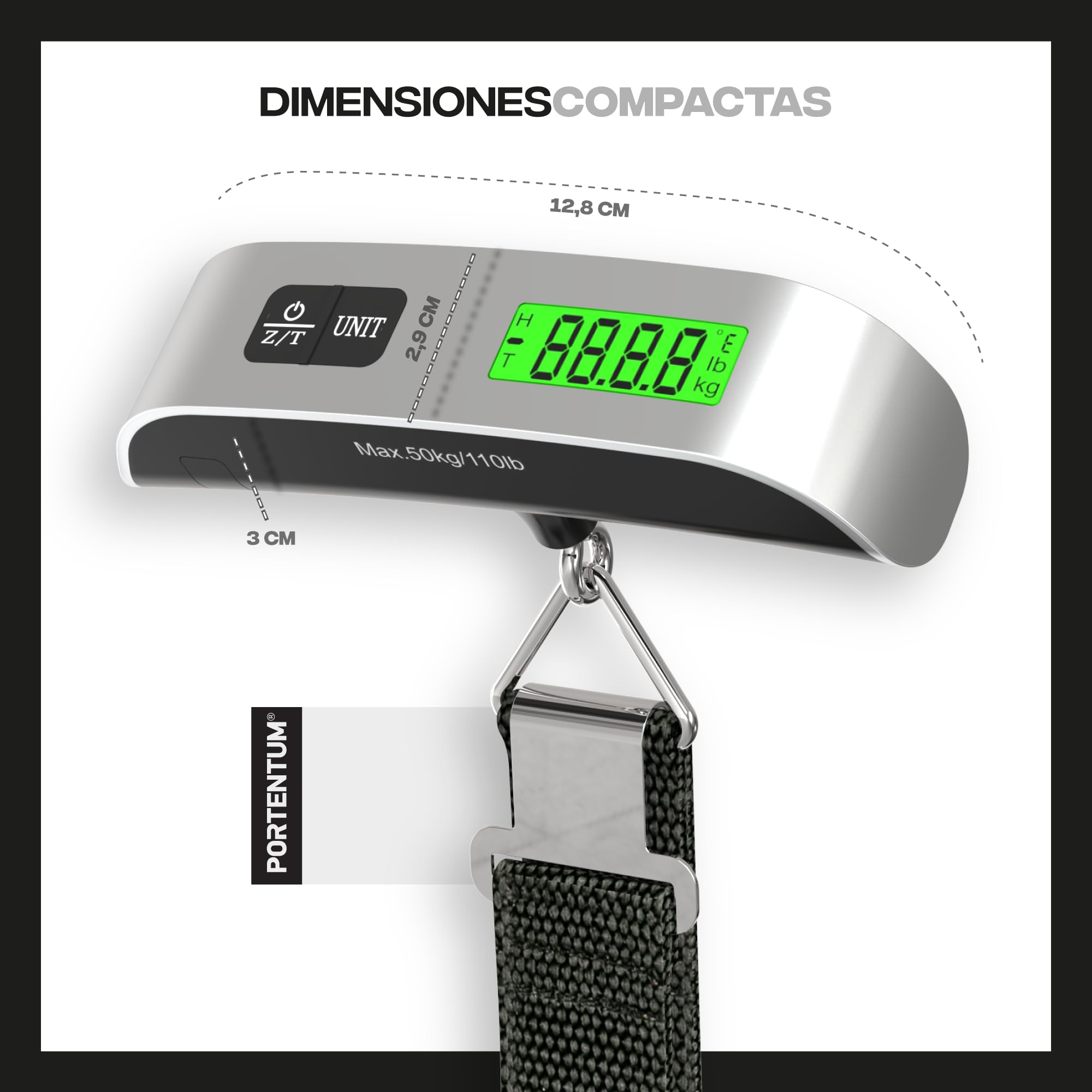 PORTENTUM Bascula maletas viaje digital con pantalla LCD – hasta 50 kg – Bloqueo de lectura automático – Peso maleta preciso para viajar – Escala de equipaje portátil con indicador de temperatura — view 9