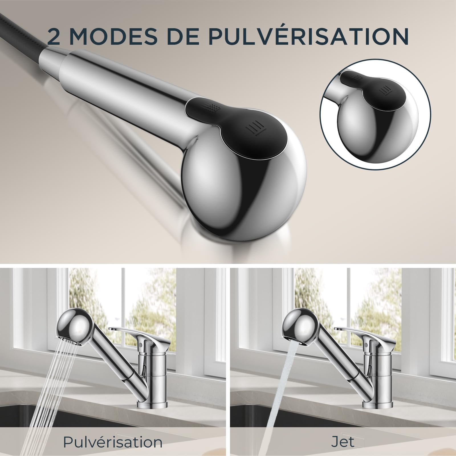 FORIOUS Robinet Cuisine Chrome Poli, Mitigeur Cuisine avec Douchette Acier Inoxydable, Monocommande, Monolevier Pivotant À 360° pour 1 Trou