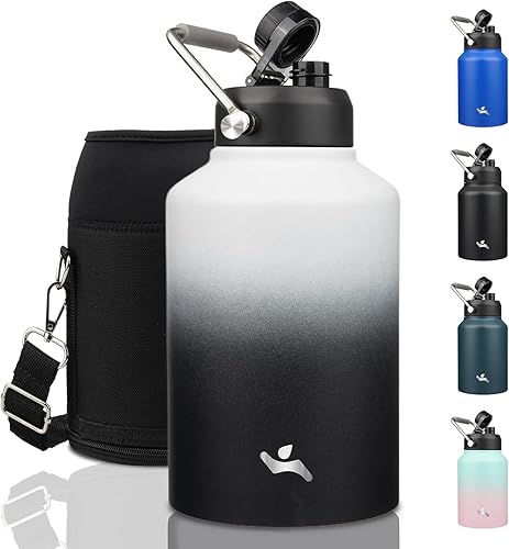 Miniatura 47 de Jarra de medio galón con asa, botella de agua aislada de 64 oz con bolsa de transporte, botella de metal de acero inoxidable de doble pared con Día