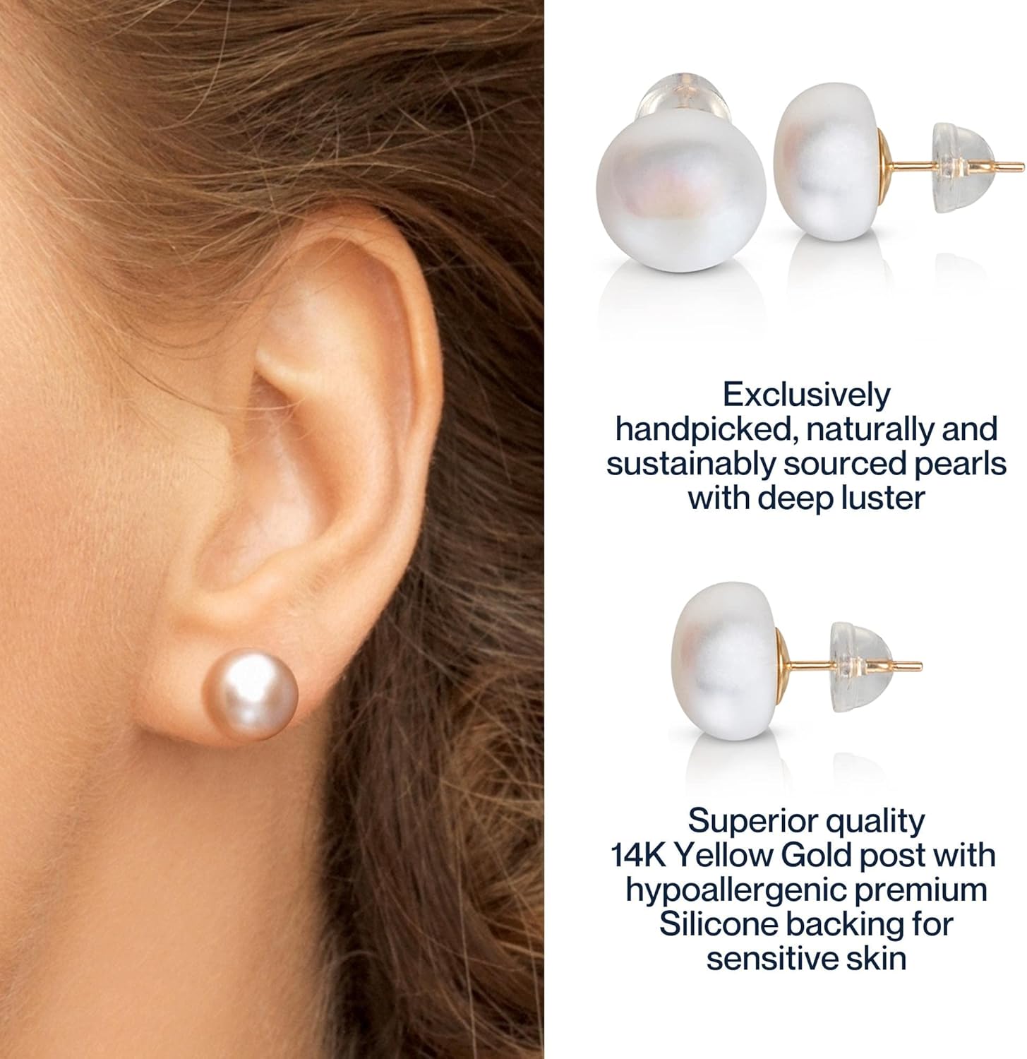 BELLA LEORA White Button AAA Freshwater Real Pearl Earrings - Great Holiday Gift for Women - 14k Yellow Gold Stud Earrings | Hypoallergenic Genuine Cultured Pearls, 10mm-11mm
