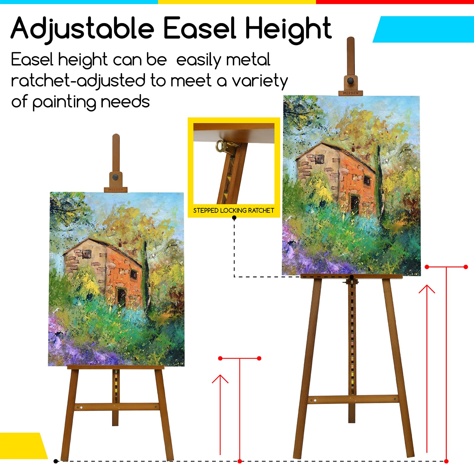 MEEDEN Cavalletto da Pittura in Legno Per Arte: Cavalletto da Esposizione in Legno Massiccio di Faggio Supporta Tele Fino a 110 cm - Cavalletto Regolabile da 145-193 cm - Noce