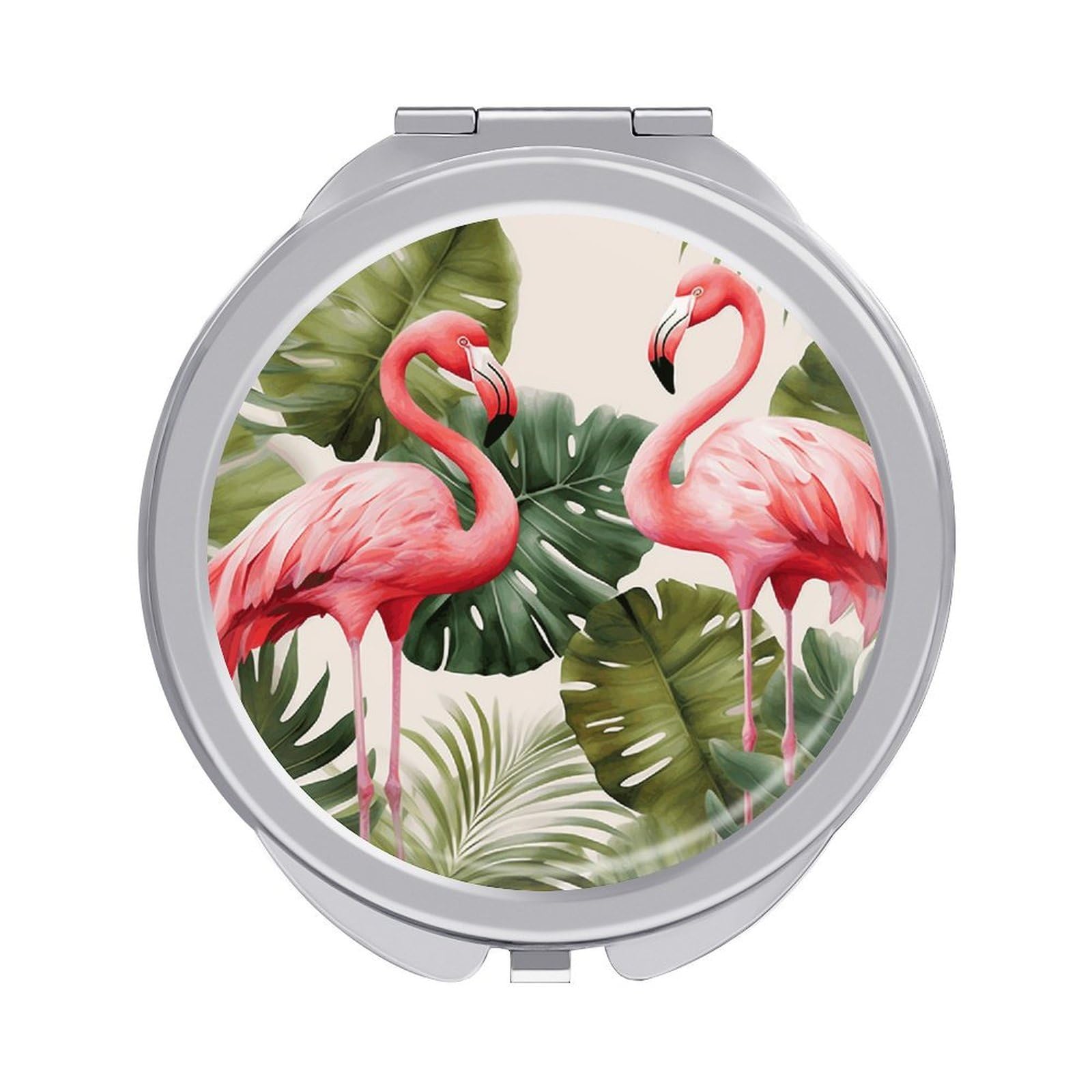 JTREHY Flamingo Palm Trees Leaf Makeup Mirror Silver Mirror Surface Folding Makeups Mirrors Lightweight Durable Looking Glass for Suitable Traveling Handbag and Purses