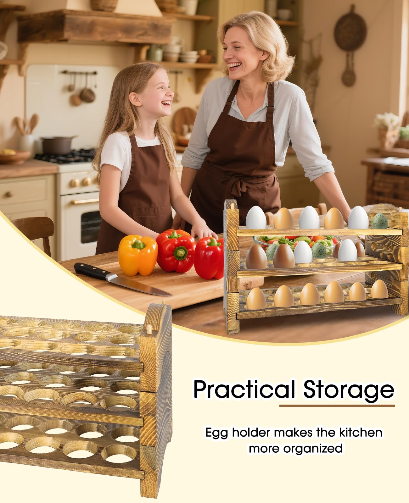 Soporte de madera para huevos de 3 capas, estante apilable de almacenamiento de huevos frescos para recoger 54 huevos, soporte de exhibición de huevos de granja para organizador de cocina en el hogar