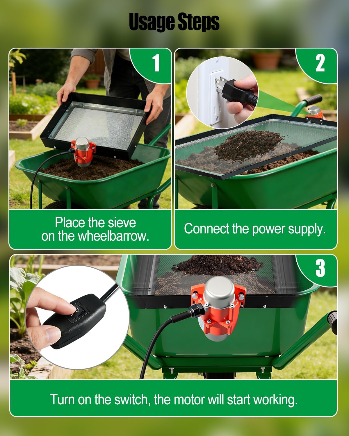 Soil Sifter with Vibration Motor, 30W Metal Automatic Screening Machine, 1/4" Mesh Sieve for Sand Rocks Dirt Compost, Fits Most Garden Wheelbarrows