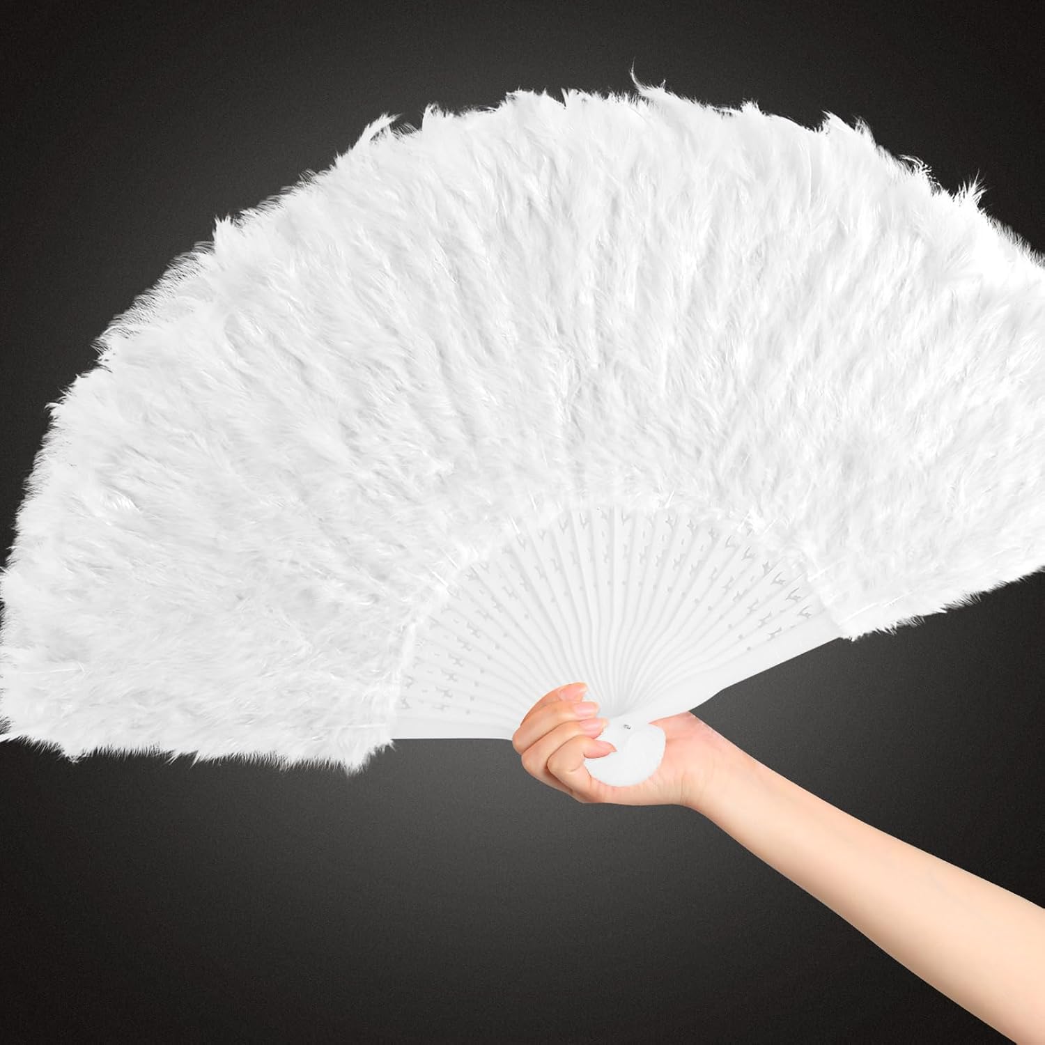Feather Hand Fan, 1921s Vintage Style Marabou Feather Fan, Folding Handheld Feather Fan for Costume Show Dress Dance Party Wedding Photoshoot(Large White)