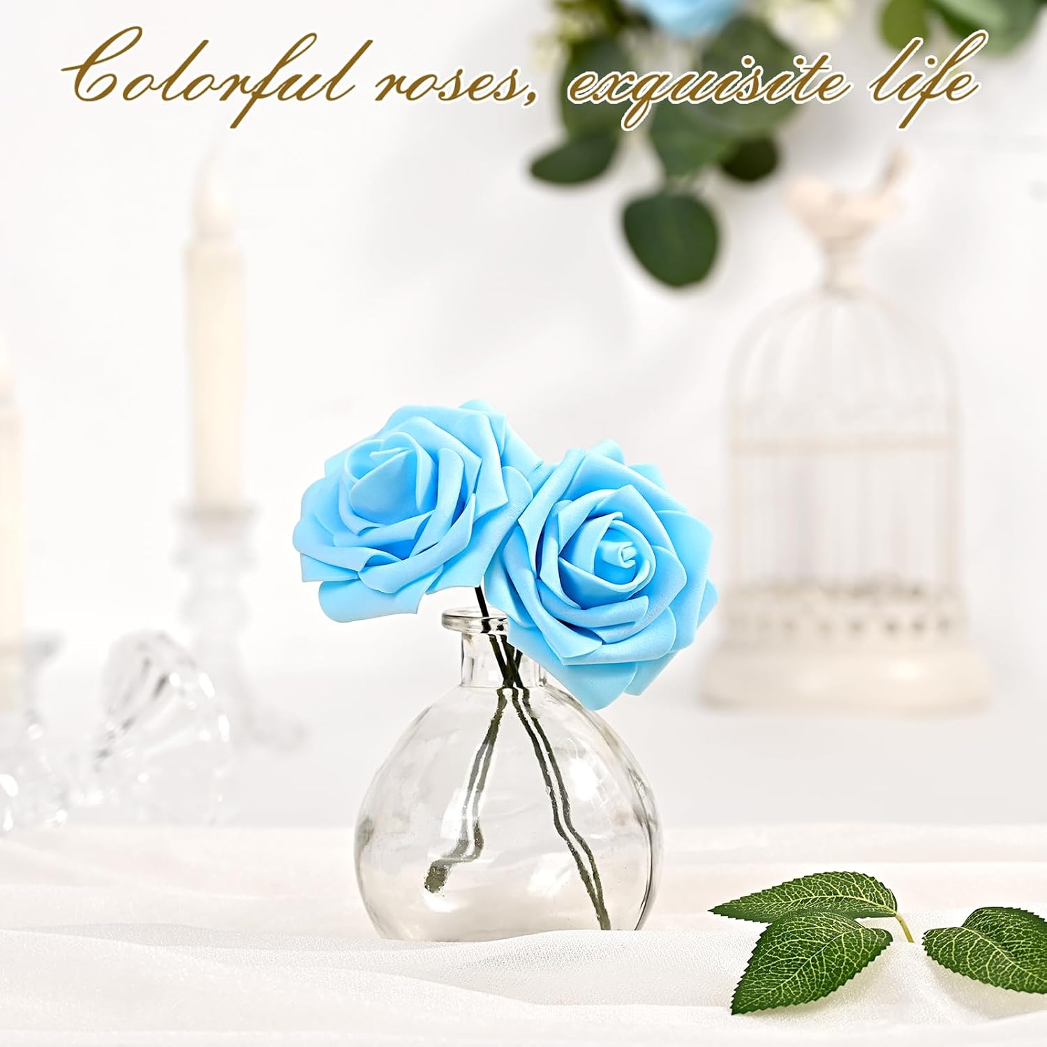 BLEUM CADE 16Pcs Artificial Flowers Fake Roses with Stems, Sky Blue Boxed Foam Roses for DIY Bouquets Centerpieces Wedding Party Arrangement Bridal Shower Decor - Image 4