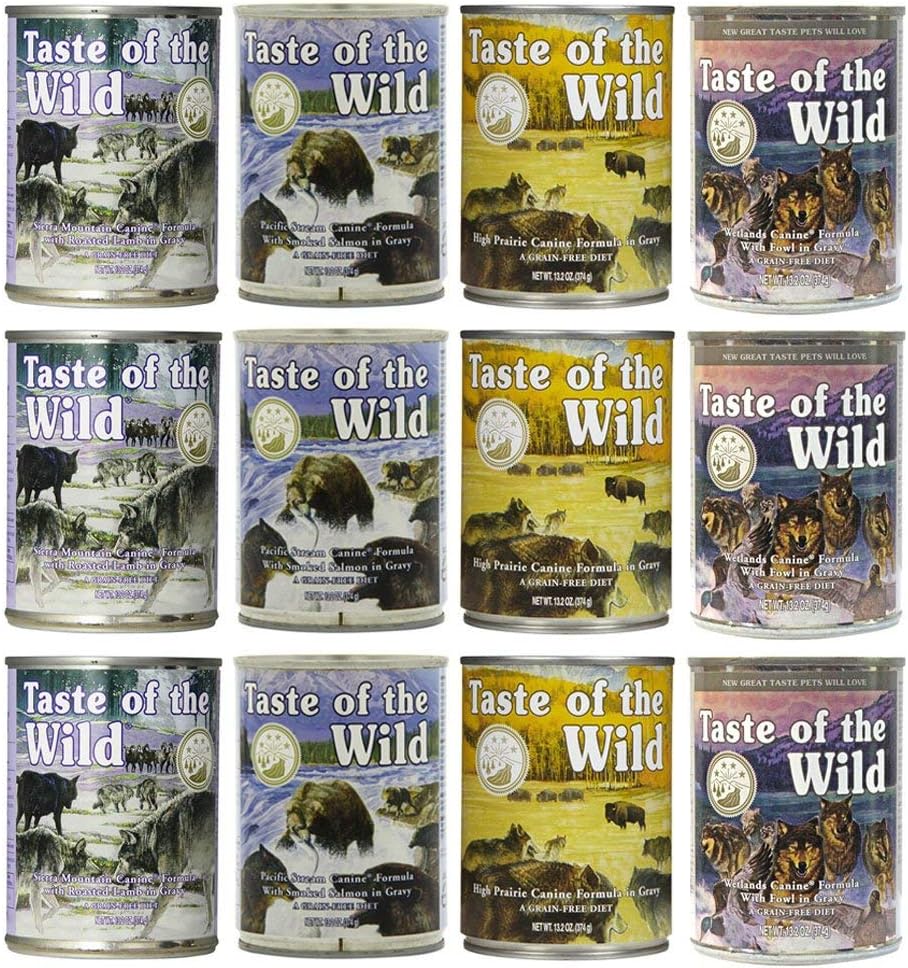 Grain-Free Canned Dog Food Variety Pack - Wetlands, Pacific Stream, High Prairie, and Sierra Mountain (Pack of 12, 13.2 oz cans) by Taste of The Wild
