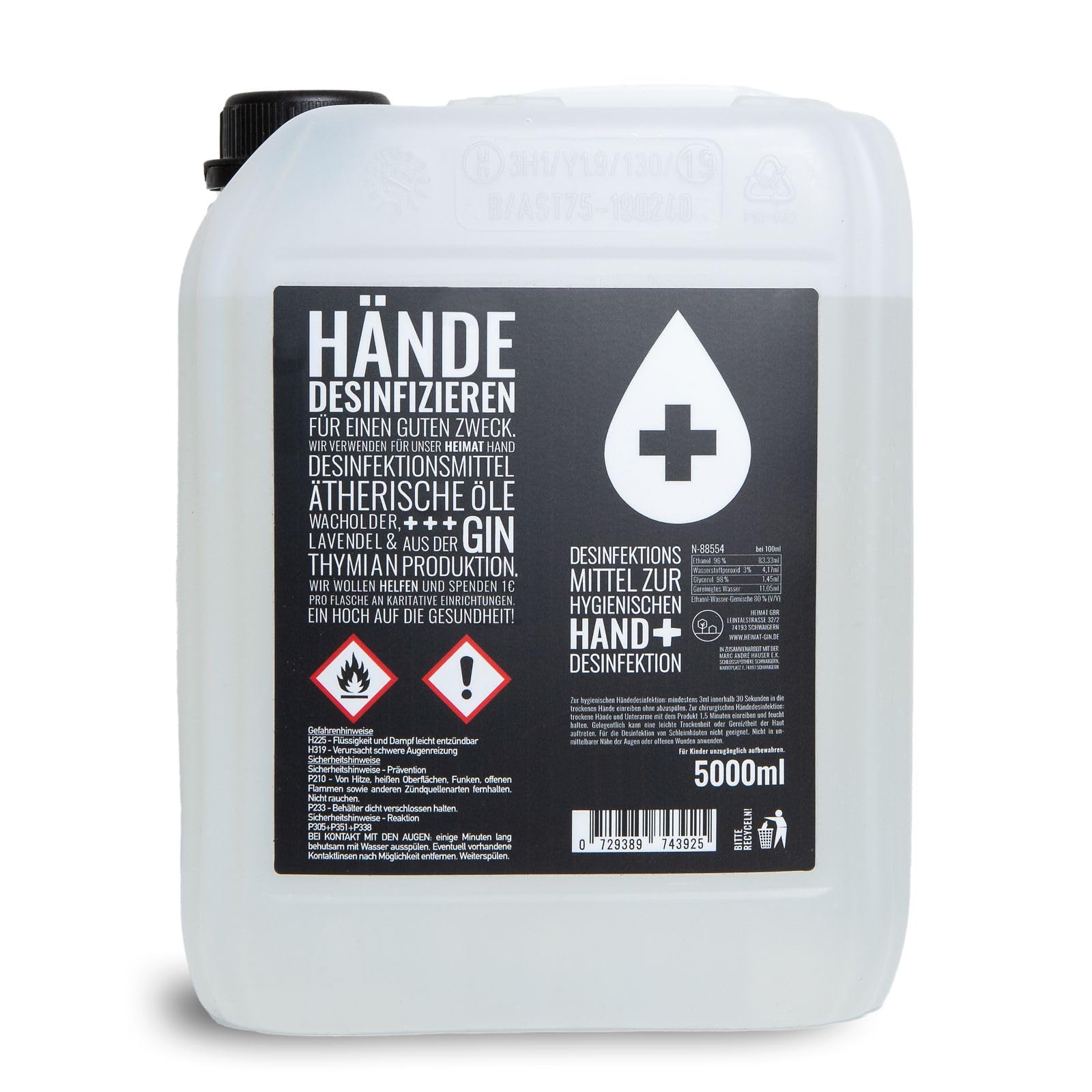 HEIMAT Hand Desinfektionsmittel 5 Liter Kanister - sanfte Reinigung, WHO-Zertifizierung, mit ätherischen Öle wie Lavendel, Wacholder, Thymian