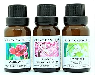 Crazy Candles 3 Bottles Set, 1 Carnation, 1 Japanese Cherry Blossom, 1 Lily of The Valley 1/2 Fl Oz Each (15ml) Premium Grade Scented Fragrance Oils