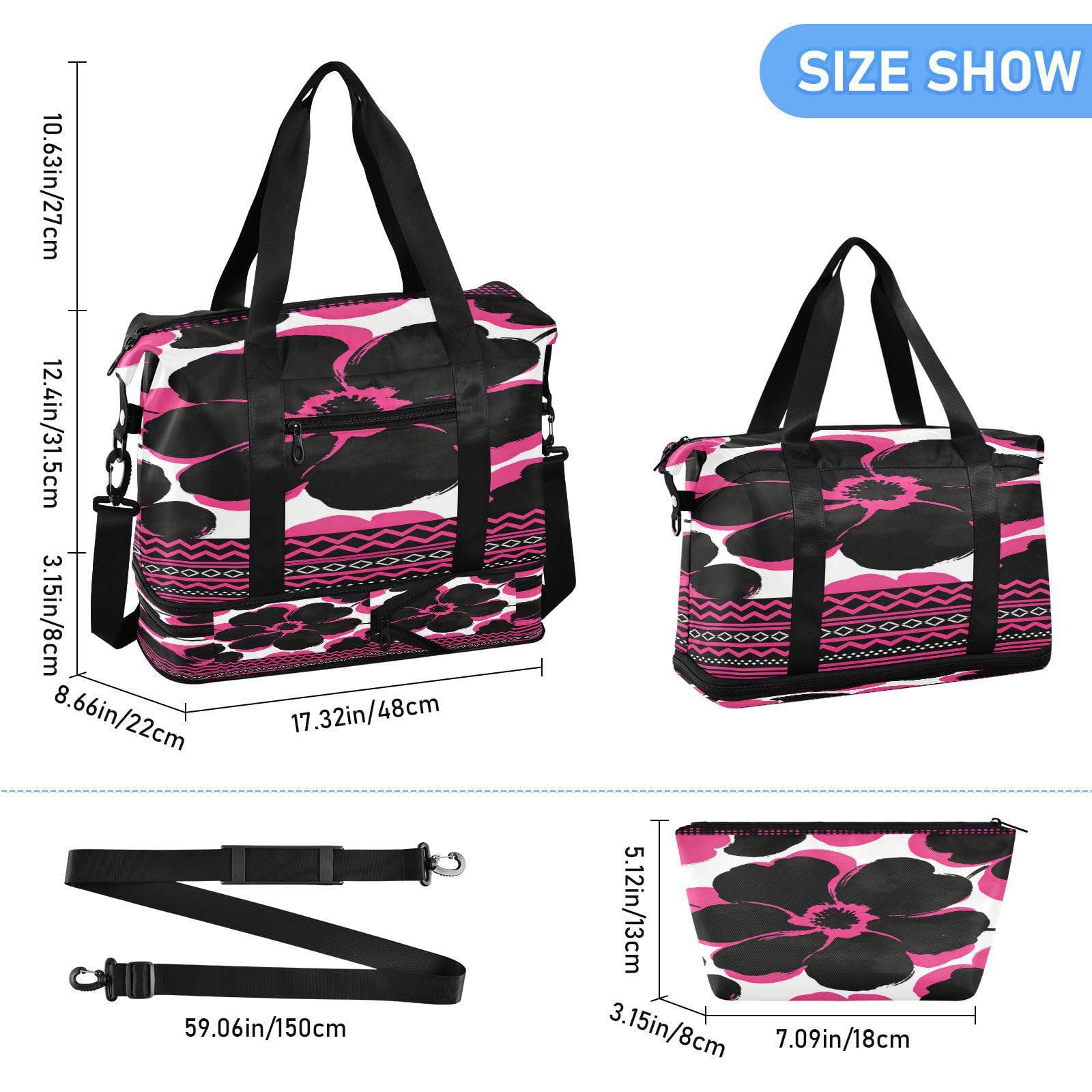 Reisetaschen mit schwarzem und rosa Blumenmuster, 2-teiliges Set, Reisetasche, Handgepäcktasche mit verstellbarem Gurt, für Geschäftsreisen