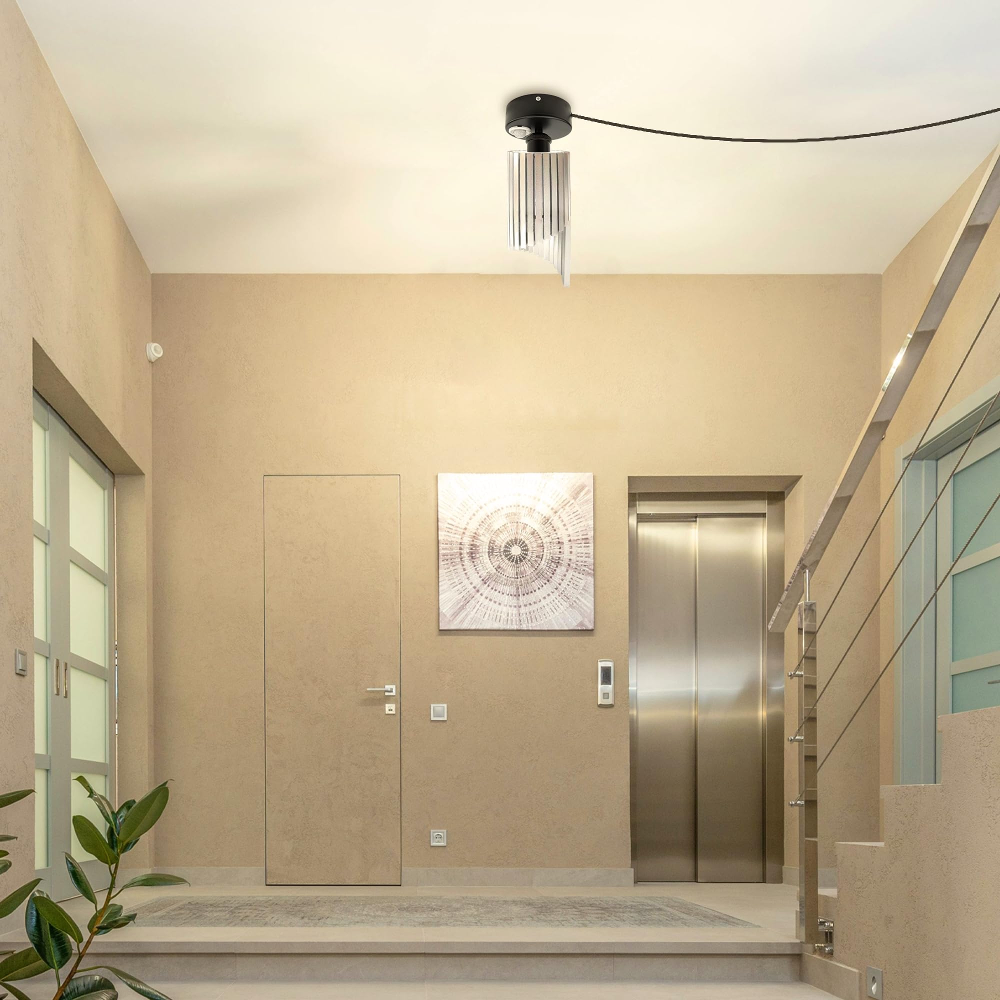 Plafoniera con sensore di movimento interno, lampada da soffitto in ferro industriale, sensore di movimento radar con cavo da 4,5 m e portalampada E27, per corridoio, bagno, scale, garage