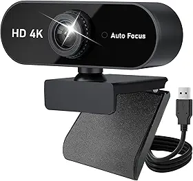 Webcam Ultra HD 4K com Foco Automático, Microfone Embutido com Redução de Ruído, USB Plug and Play, para PC, Laptop, Desktop, Conferências, Reuniões, Chamadas de Vídeo, Home Office