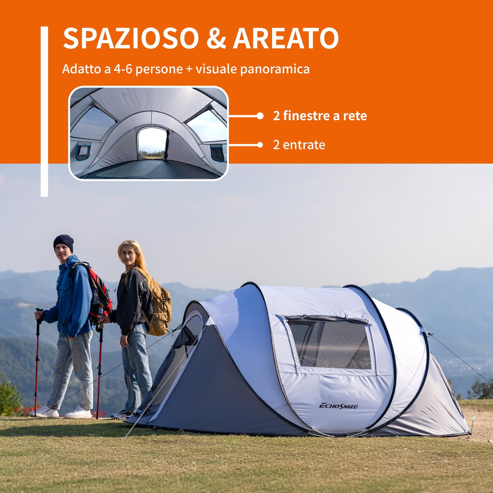 EchoSmile Tenda da Campeggio Pop Up 2/4/6 Posti Istantanea Tenda Campeggio | Portatile,Facile Installazione,Protezione dal Sole,Ventilata Antivento e Impermeabile Picnic,Trekking e Attività All'aperto
