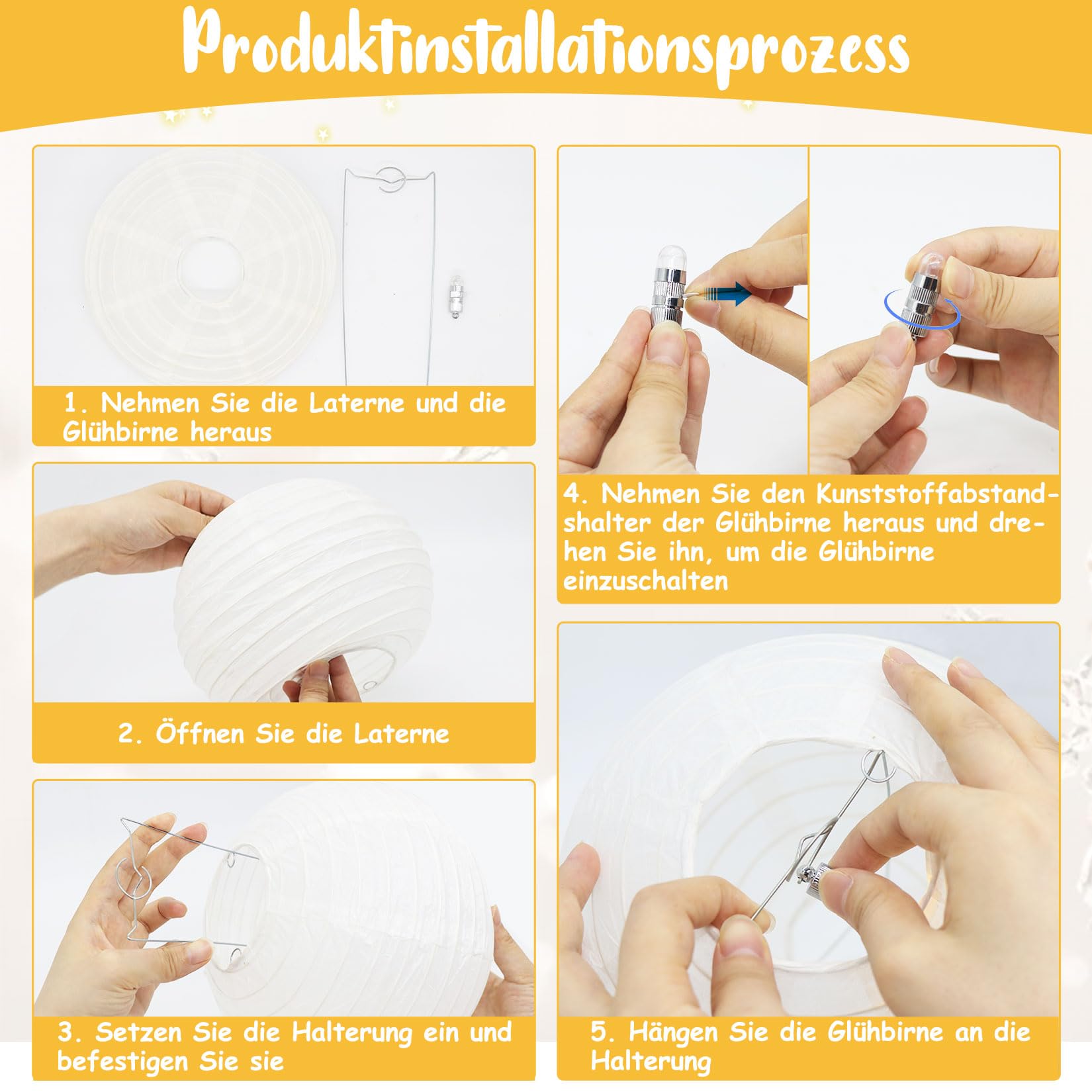 30er-Set Papierlampions Weiß mit LED Lichter, Runde Papierlaternen Warmweiß mit Mini LEDs, Deko Lampenschirm zum Aufhängen für Hochzeit, Gartenparty, Geburtstag & Feier (Ø 15/20/25/30cm)