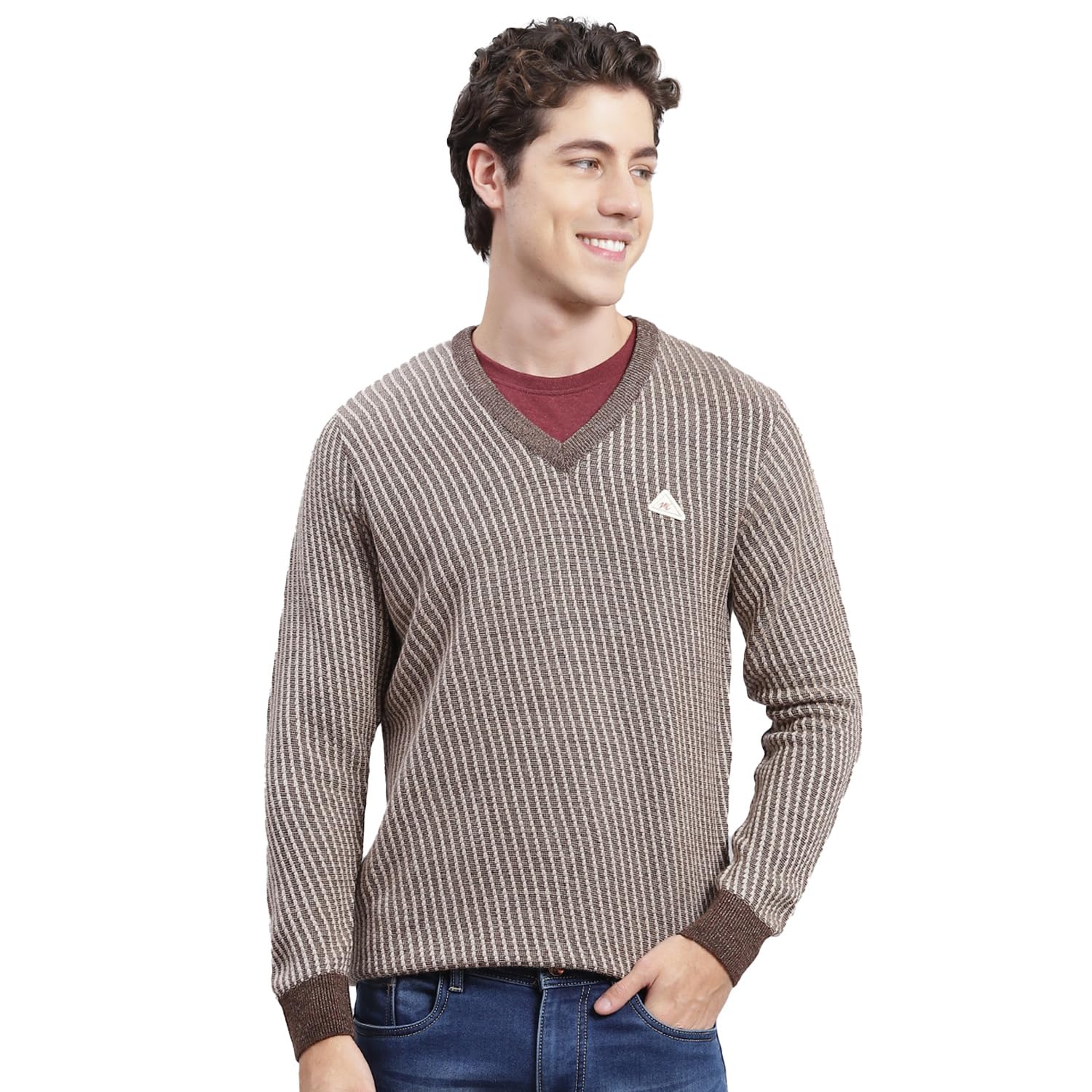 monte carlo Dark Brown Multi Self Design V Neck Pullover | Warm Woolen Pullover for Men | Soft Comfortable Knitted Winter Wear Sweater for Men's-picture-16