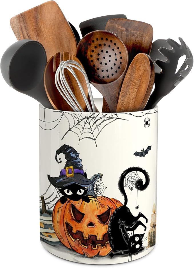 Ceramic Halloween cat pumpkin utensil crock