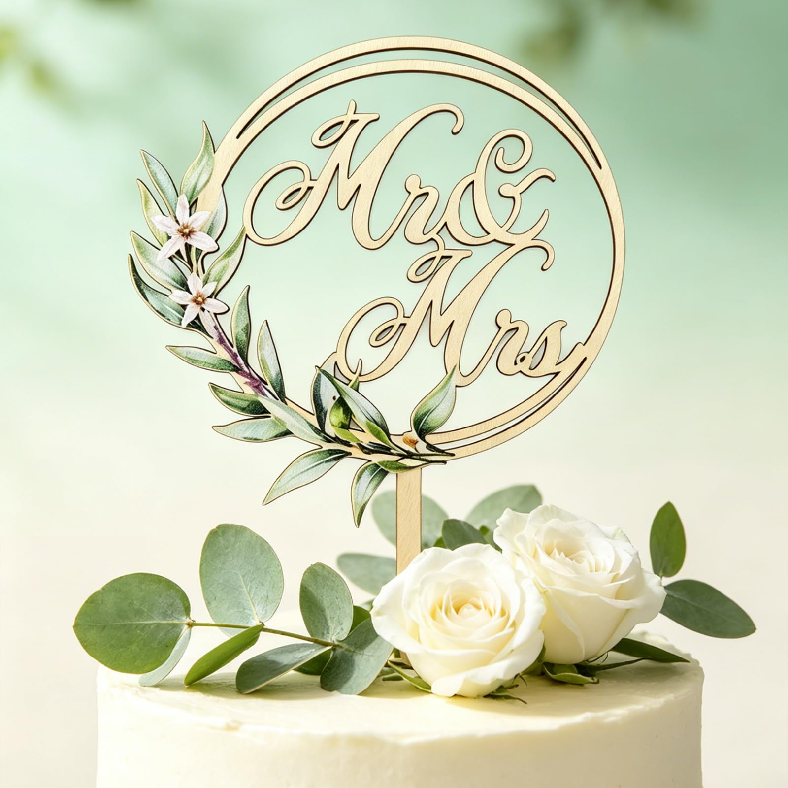 Wedding Cake Topper,Mr & Mrs Cake Topper Greeny Wedding Cake Topper in Wood for Wedding Anniversary Engagement Proposal Party Cake Decoration (Style 3)