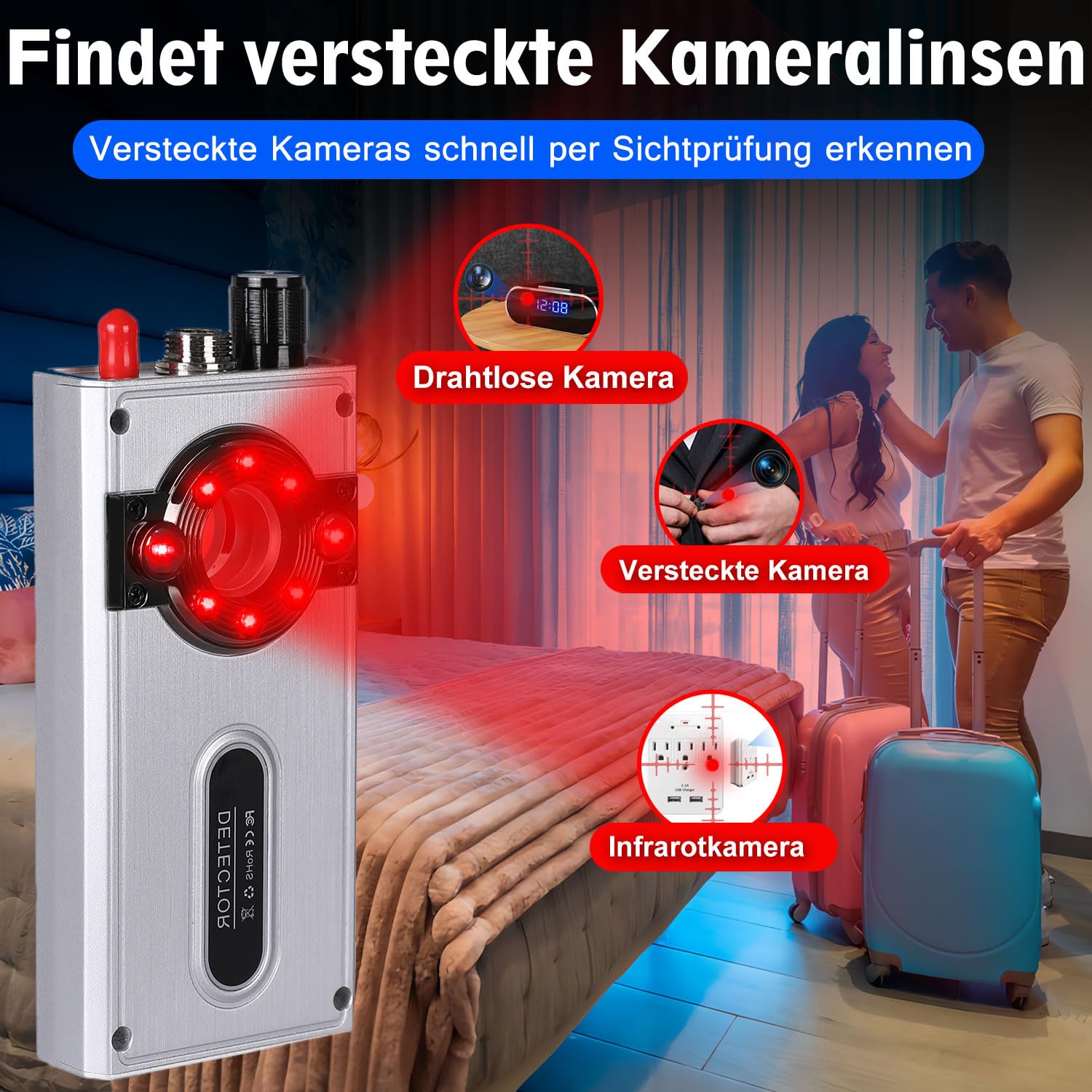 JMDHKK Versteckter Kamera- und Wanzendetektor – Magnetischer Tracker- und Funksignalfinder für Zuhause, Büro, Hotel, Auto – Erweiterter Privatsphärenschutz für Reisen & Sicherheit (Weiß)