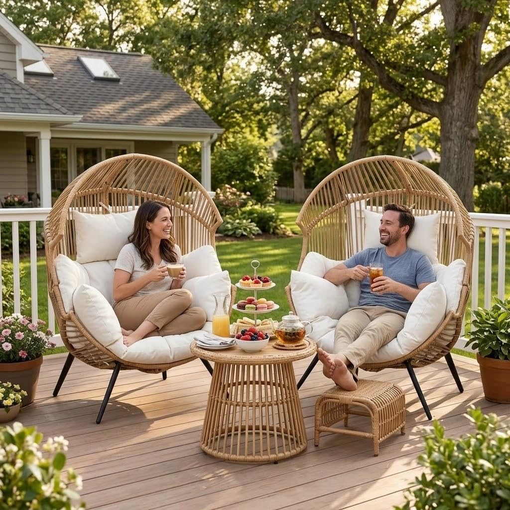 Oversized Outdoor Wicker Egg Chair, Patio Lounge Chair Basket Seat with Thick Cushion, All Weather Indoor Outdoor Porch Rockers for Balcony, Living Room, Lawn Garden