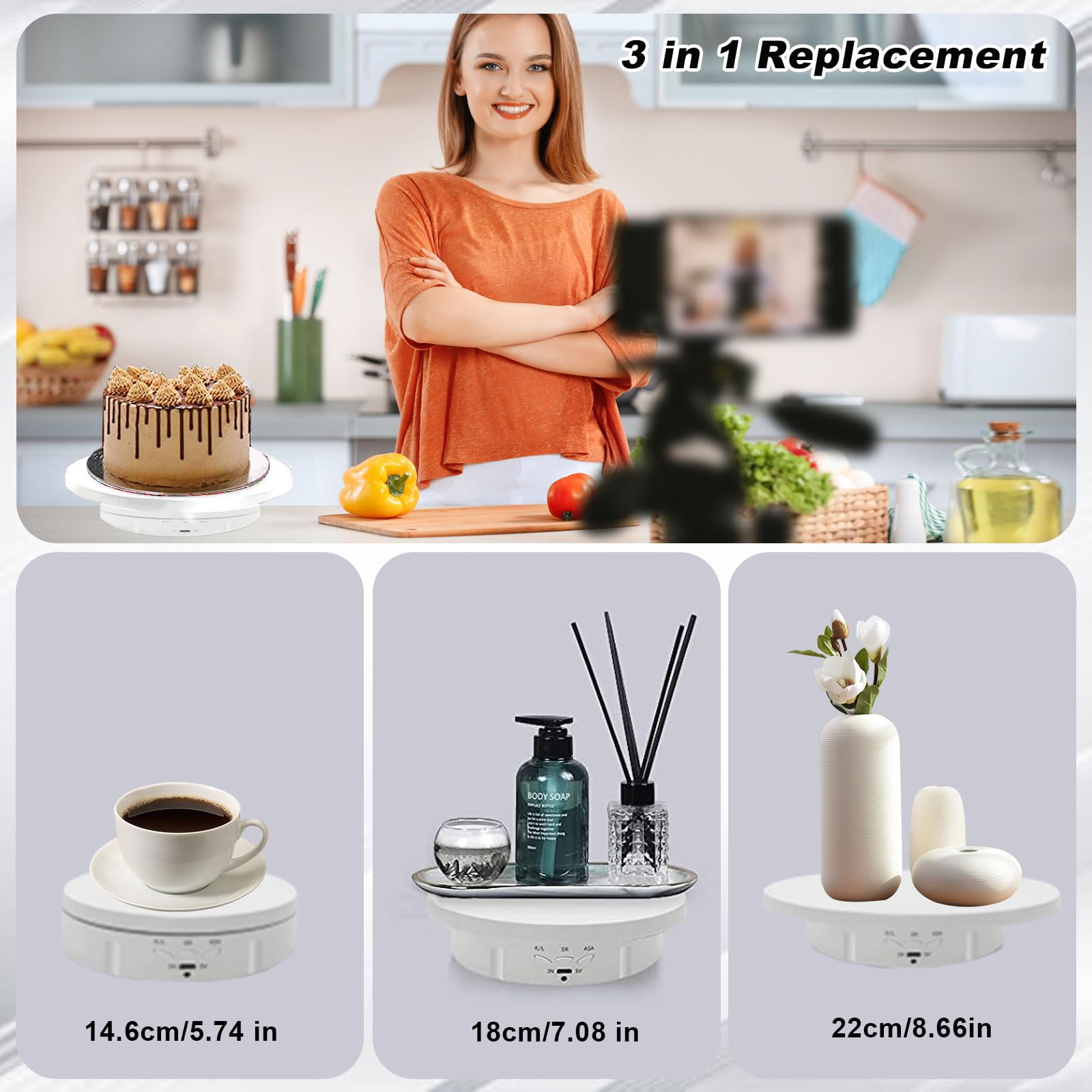 Espositore Girevole, Piatto girevole elettrico, 14,6 cm/18 cm/22 cm, Giradischi Elettrico Rotante a 360 Gradi, Regolabile Velocità di Rotazione e Angolo, Per Fotografia, Gioielli, Espositore (bianco)