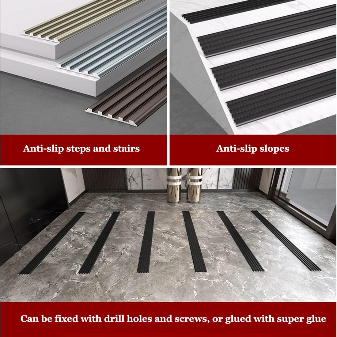 Aluminiowa listwa noskowa schodów, samoprzylepna osłona krawędzi stopnia, antypoślizgowa metalowa listwa o długości 5 cm do rampy wewnętrznej/zewnętrznej(Brown,120cm/47in)