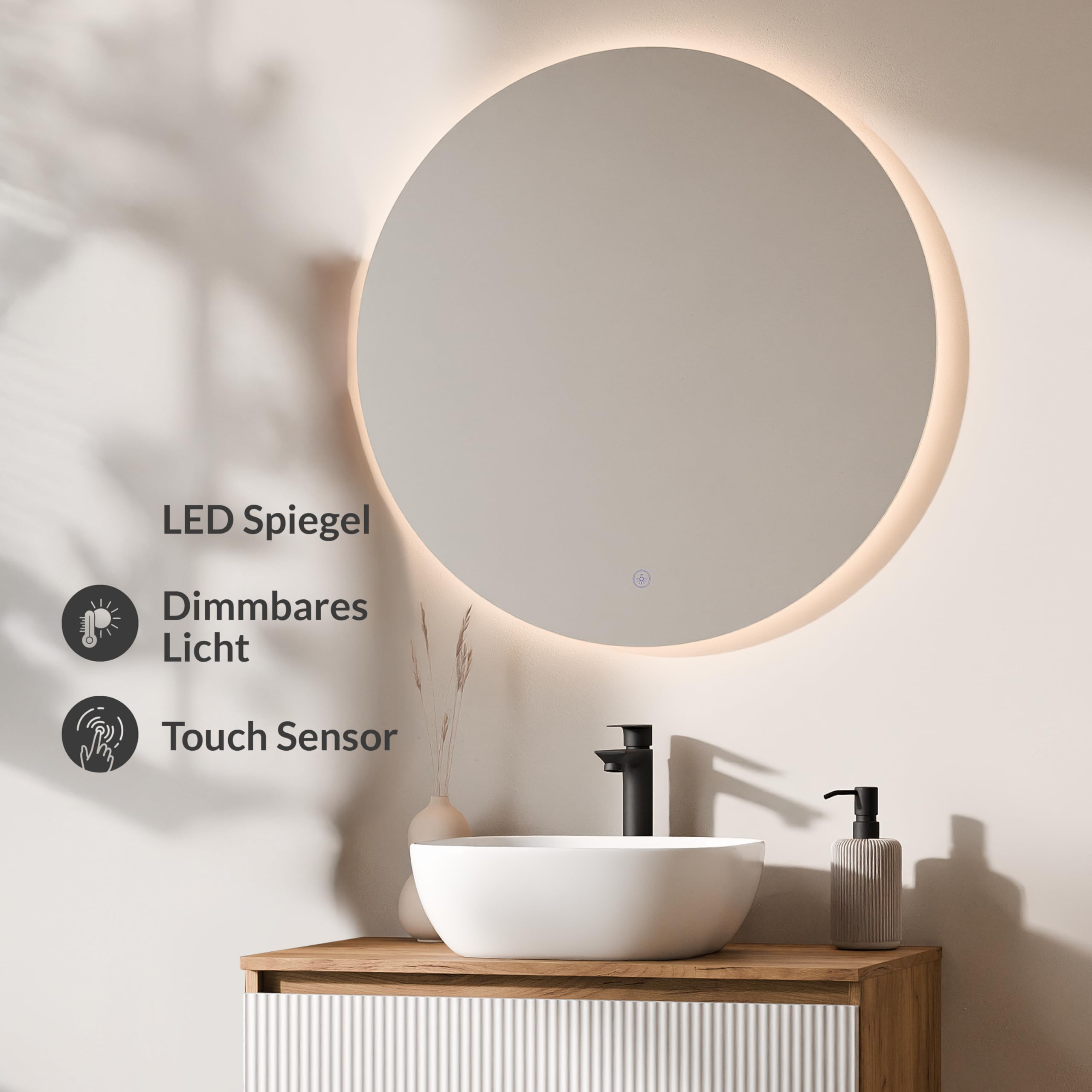 Planetmöbel Arisa - Conjunto de muebles de baño con mueble de 80 cm, color roble dorado blanco (acanalado) con espejo NOVA, lavabo de 42 cm, color: Blanco