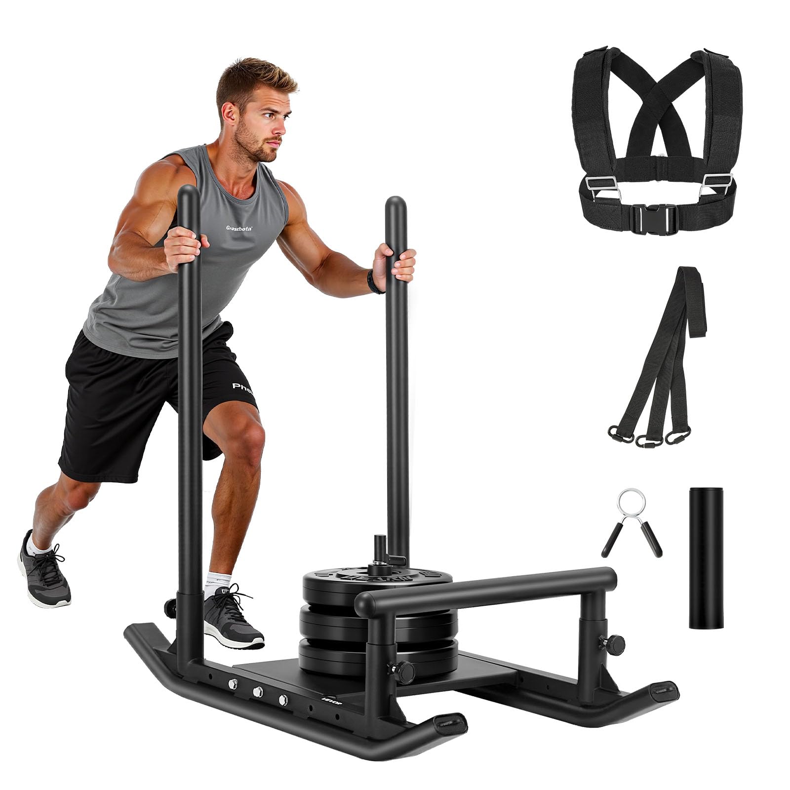 VEVOR Trineo de Potencia de Acero, Trineo de Entrenamiento de Fuerza para Mejorar la Velocidad en Ejercicios Atléticos, con Asa, Compatible con Discos de 25/​51 mm, Negro, 1030 x 660 x 1040 mm