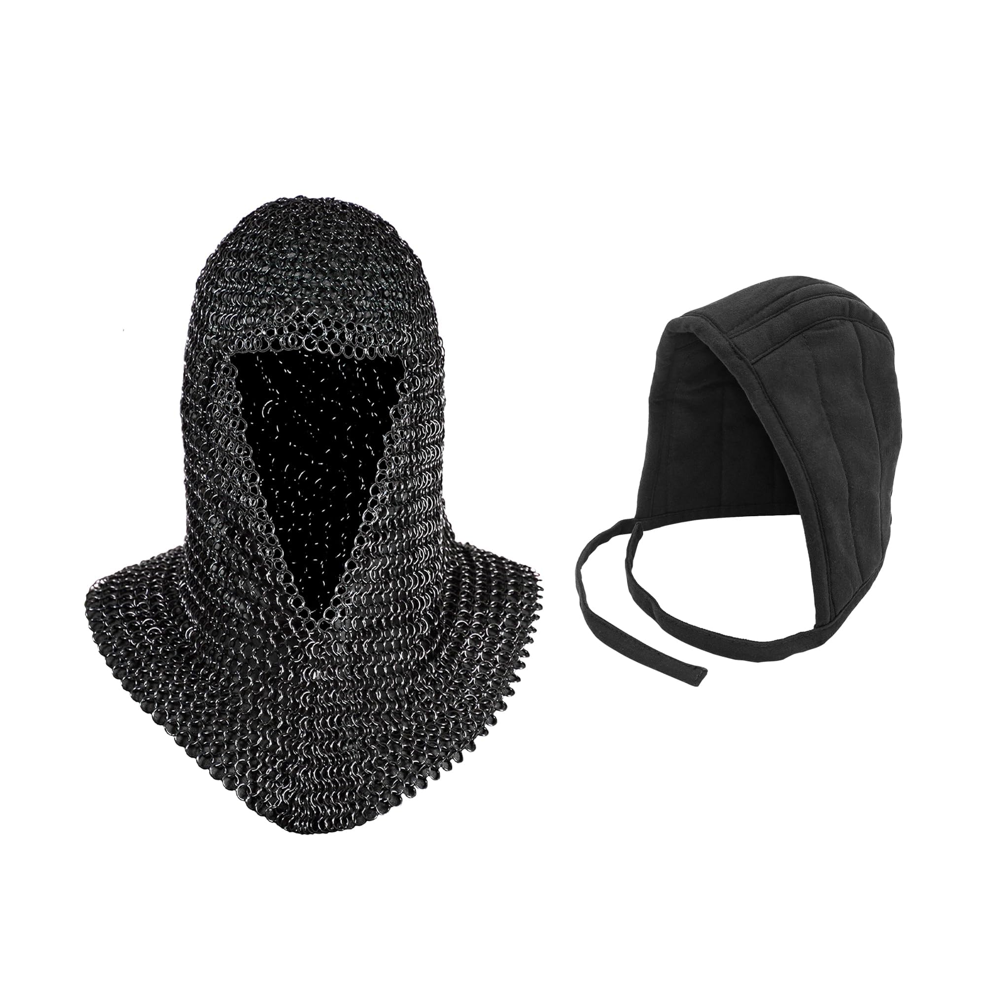 Lord Of Battles Unisex Black Pack Of Chainmail Coif And Cotton Padded Arming Cap Protector Under Armor Chainmail Coif Ideal For Larp, Renfair ( Coif W/ Cap)