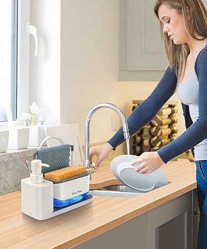 Miniatura 7 de Juego de Dispensador de Jabón para Manos y Platos con Bandeja, Dispensador de Jabón Doble con Soporte para Esponja y Soporte para Paños de Cocina,
