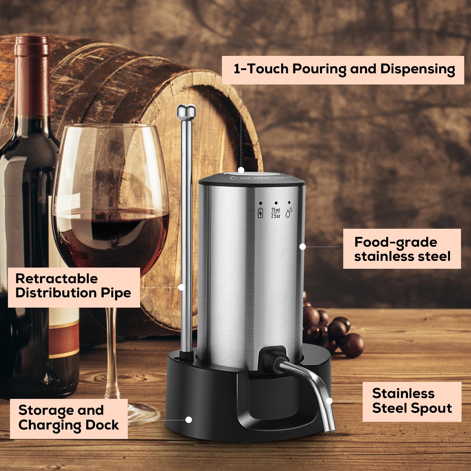 BLUBYEES Aérateur de vin électrique 3 en 1 automatique - Décanteur et distributeur de vin - Bec verseur rechargeable par USB avec contrôle précis du versement - Cadeau pour les amateurs de vin pour